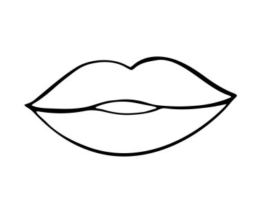 Elle çizilmiş dudak çizimi, en az siyah-beyaz çizgili sanat tarzında. Aşk romantizminin basit karalama sembolü. Güzellik, şehvet ve şefkat beyaz arka planda izole edilmiş.