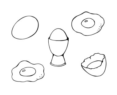 Yumurta seti el çizimi çiğ haşlanmış yumurta ve sade karalama tarzı siyah çizgi sanat yemek mutfağı tasarımı için beyaz arka planda izole.