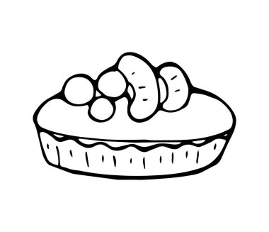 Böğürtlenli tatlı illüstrasyon eli beyaz arka planda izole edilmiş en az siyah ve beyaz çizgi şeklinde çizilmiş. Menü ve ambalaj tasarımı için tatlı fırın ögesi.