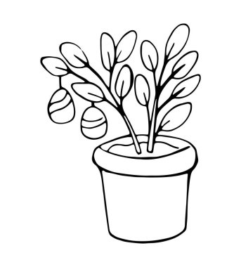 Paskalya yumurtası illüstrasyonlu saksıda asgari siyah beyaz çizgili sanat tarzı bahar tatili dekorasyonu için beyaz arka planda izole edilmiş..