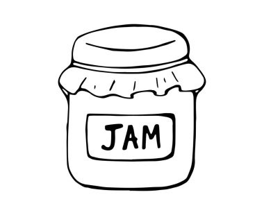 El çizimi reçel kavanozu. Üzerinde temiz siyah çizgili sanat eseri etiketi var. Gıda çizimi ambalaj etiketleri ve parmak izleri için beyaza izole edildi