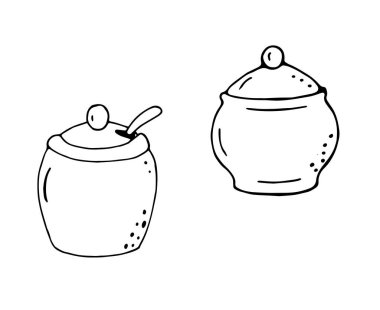 Siyah çizgili el yapımı şeker kaseleri. Kafe çay menüsü tasarımları için beyaz arka planda küçük mutfak çizimleri izole edildi