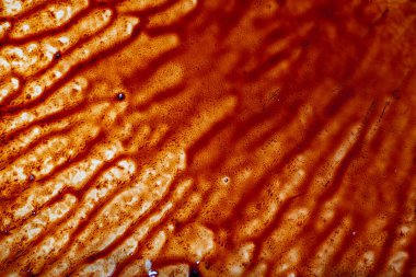 Zengin kahverengi sosun soyut makro dokusu veya doğal dalgalar ve kabarcıklarla dolu yağ yüzeyi. Sıvı deseni, parlak dokuyu ve mutfak veya tasarım kullanımı için sıcak tonları gösteren organik gıda arka planı.