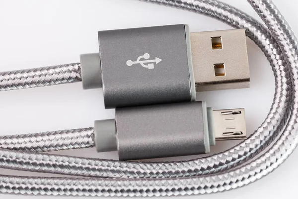 Dados Usb Cabo Alimentação Isolado Fundo Branco Close — Fotografia de Stock