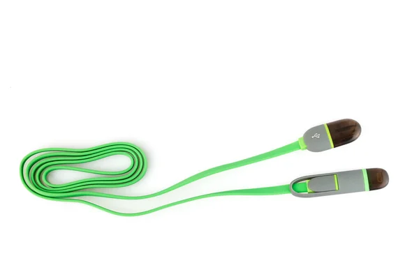 Grön Plast Kabel Usb Lightning Vit Bakgrund Närbild — Stockfoto