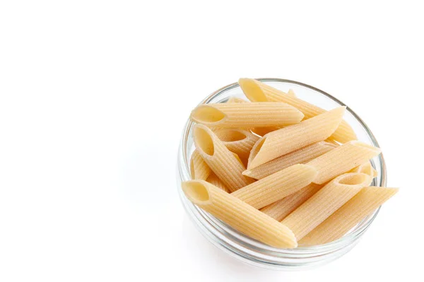 Raw Feathers Macaroni Bowl Italian Pasta Close Isolated White Background — Stock Photo, Image