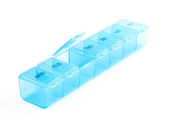 Синий Пластиковый Органайзер Таблеток Изолированных Белом Фоне Крупный План Ящику — стоковое фото