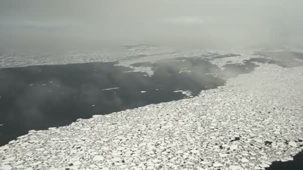 Sepotong es di atas air. Pemandangan udara. Banyak pecahan es. Awan rendah. Es mencair. Eksplorasi dari situasi es. — Stok Video