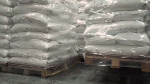 The white bags on the pallet are lowered by the loader. Bags in a plastic transparent film on a wooden pallet. Warehouse — Stock Video