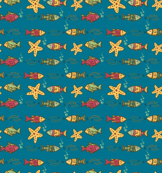 Dessin animé dessin à la main motif sous-marin sans couture avec des poissons . — Image vectorielle