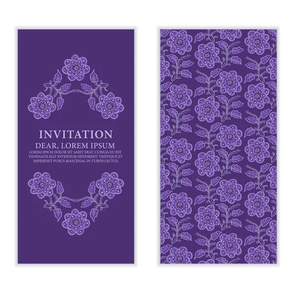 Carte de vœux ethnique, invitation ou mariage avec dentelle et fleurs — Image vectorielle