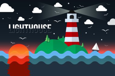 Ağaçlar ve bulutlar ile gece adada deniz feneri.