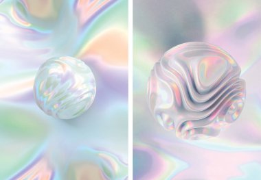 Soyut Pastel Sıvı Metal Şekline sahip Holografik arkaplan tasarım şablonu. 3B Hazırlama
