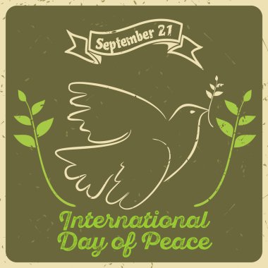 Uluslararası Barış günü poster için zeytin dalı ile barış güvercin. Vintage tarzı.
