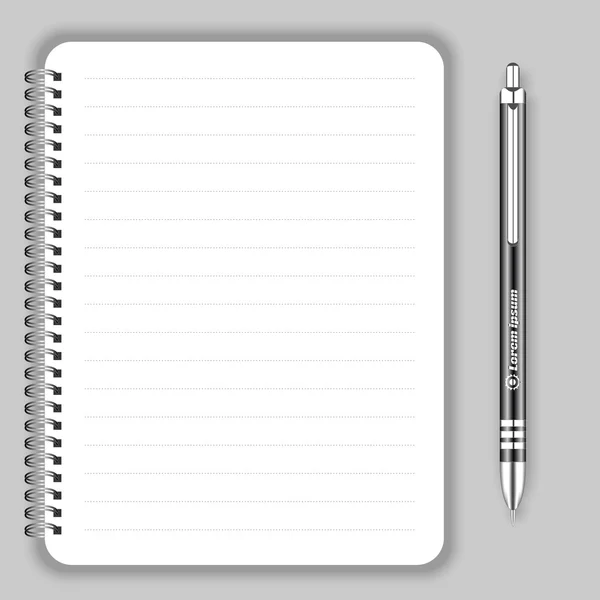 Notebook espiral realista em branco notebook e caneta preta. Mostrar Mock up para objetos de identidade corporativa e promoção . — Vetor de Stock