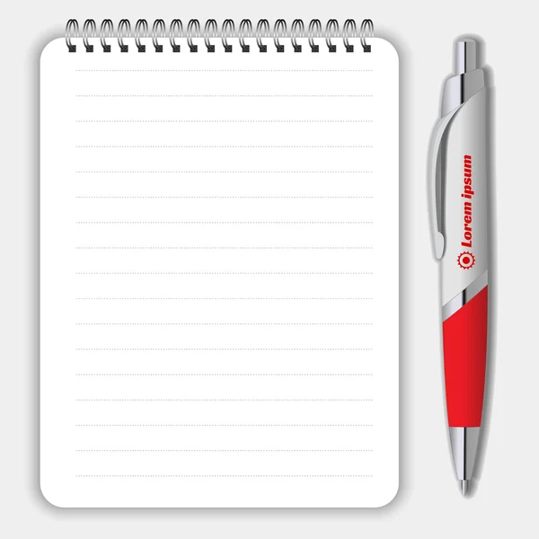 Cuaderno de cuaderno en espiral realista en blanco y pluma aislada en vector blanco. Mostrar Mock up para la identidad corporativa y los objetos de promoción — Vector de stock