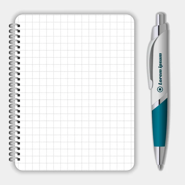 Notebook espiral realista em branco notebook e caneta isolada no vetor branco. Mostrar Mock up para objetos de identidade corporativa e promoção — Vetor de Stock