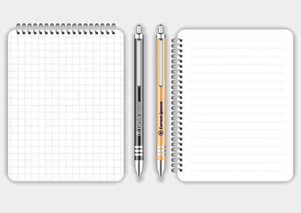 Caderno espiral quadrado realista e alinhado em branco com caneta preta e laranja isolada em vetor branco. Mostrar Mock up para objetos de identidade corporativa e promoção — Vetor de Stock