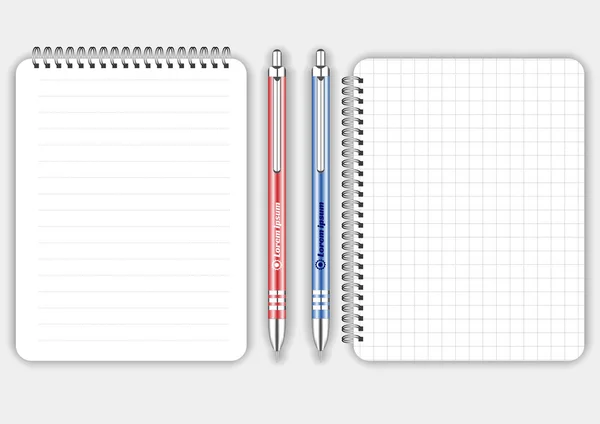 Caderno espiral quadrado realista e alinhado em branco com caneta vermelha e azul isolada em vetor branco. Mostrar Mock up para objetos de identidade corporativa e promoção — Vetor de Stock