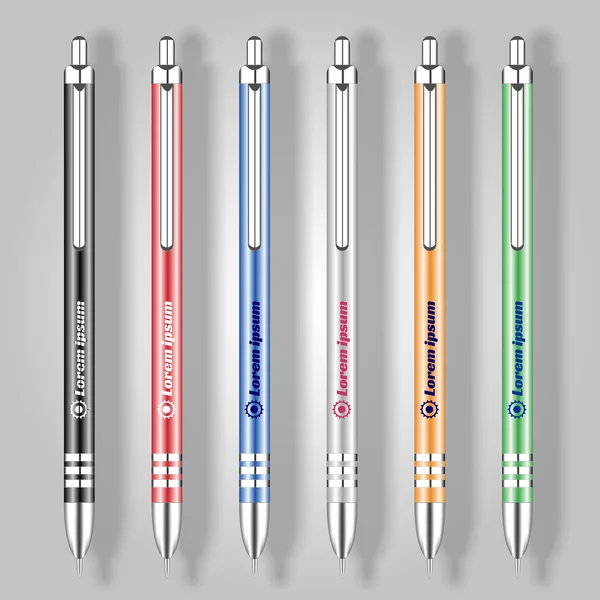 Σετ από ρεαλιστικά χρωματιστά στυλό με θέση για το λογότυπό σας. Εικονογράφηση διάνυσμα — Διανυσματικό Αρχείο