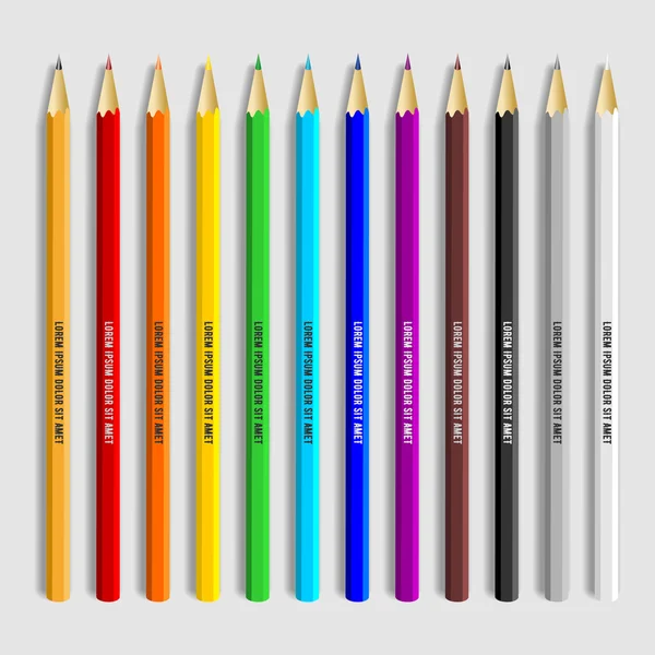 Set de doce lápices de colores sobre fondo gris — Vector de stock