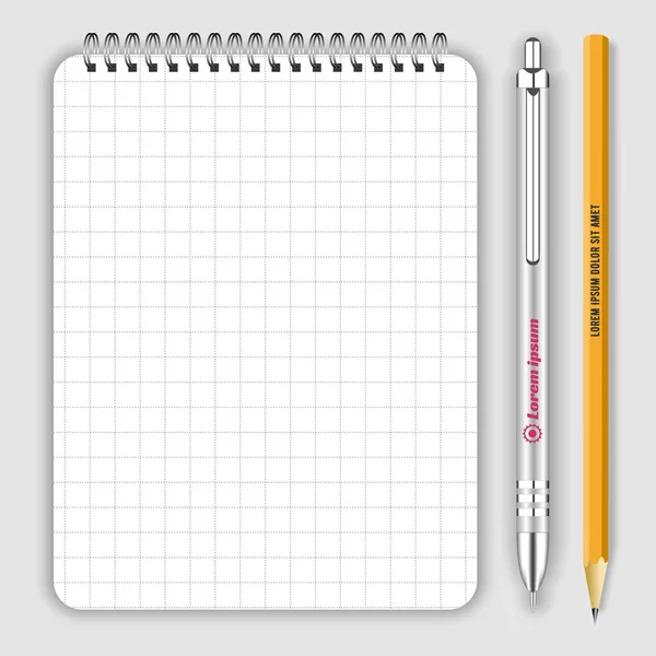 Cuaderno de cuaderno en espiral realista en blanco, lápiz de plomo y bolígrafo blanco aislado en vector blanco. Mostrar Mock up para la identidad corporativa y los objetos de promoción — Vector de stock