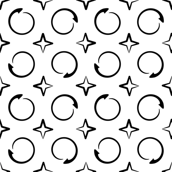 Vector seamless pattern. Abstract background with brush strokes. Monochrome hand drawn print. Trendy monochrome texture with circles and stars. Trendy graphic design — Stock Vector