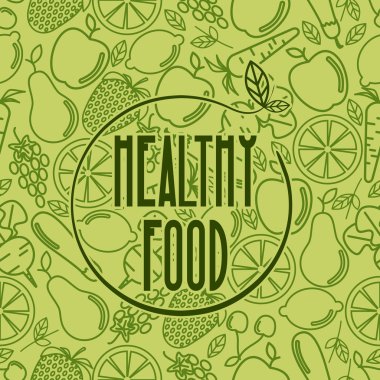 Sağlıklı gıda - motivasyon posteri veya başlığı trendy doğrusal simgeler ve meyve ve sebze belirtileri yeşil seamless modeli zemin üzerine - vektör çizim