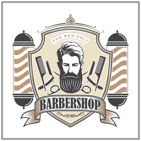 Logo de la barbería, cartel o concepto de diseño de pancartas con poste de barbero y hombres barbudos. Ilustración vectorial — Vector de stock