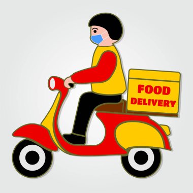 Koruyucu maskeli teslimatçı çocuk. Motosikletli. Güvenli Yemek Teslimatı ikonu izole edildi. Vektör illüstrasyonu.