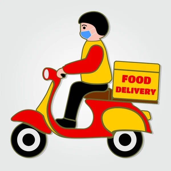 Delivery Boy en máscaras protectoras Ride Motor Scooter. Icono de entrega segura de alimentos aislado. Ilustración vectorial. — Vector de stock