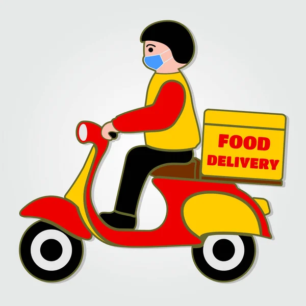 Garoto de entrega em máscaras de proteção Ride Motor Scooter. Ícone de entrega segura de alimentos isolado. Ilustração vetorial. —  Vetores de Stock