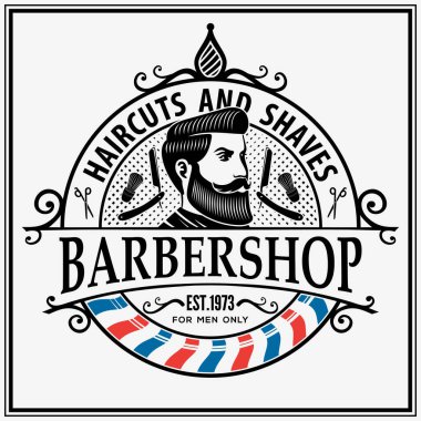 Berber dükkanı posteri, sakallı adamlarla birlikte afiş. Vektör illüstrasyonu