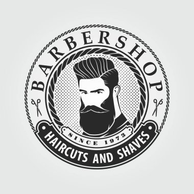 Berber dükkanı logosu, poster, sakallı adamlarla dolu afiş şablonu. Vektör illüstrasyonu