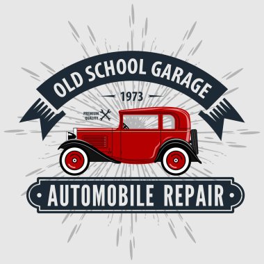 Araba tamir servisi, klasik retro arabalı klasik logo tasarımı konsepti. Vektör illüstrasyonu