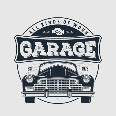 Araba tamir servisi, klasik retro arabalı klasik logo tasarımı konsepti. Vektör illüstrasyonu