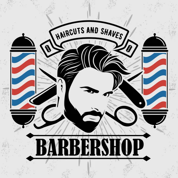 Modelo de cartaz de barbearia com homens barbudos —  Vetores de Stock