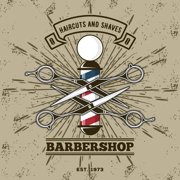 Barber shop vintage label, badge, or emblem with scissors, hair clipper and  razors on gray background. Haircuts and shaves. Vector illustration Stock  Vector by ©zfmbek 208048784