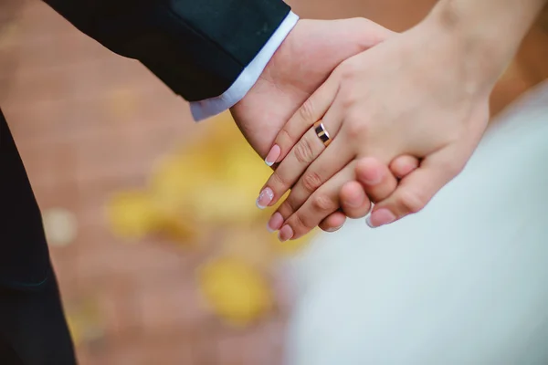 Las manos de la pareja recién casada con anillos de boda — Foto de Stock