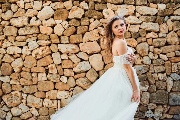Beyaz Elbiseli Şık Bir Gelin Taş Bir Duvarın Arkasında Poz — Stok fotoğraf