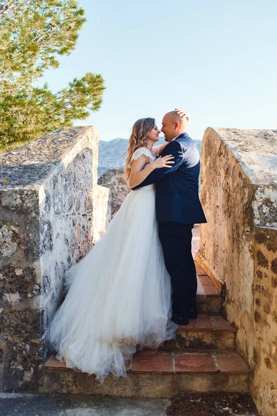 城の壁には花嫁と新郎の抱擁 — ストック写真