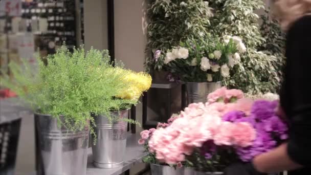 Kvinnan sätter vas med blommor på hyllorna - florist förbereder för öppna butiken — Stockvideo