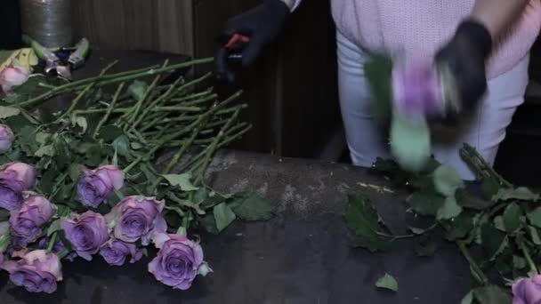 Florista tesouras corta folhas de rosa - vendedor mulher na loja de flores — Vídeo de Stock