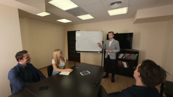 Reunión informativa del equipo empresarial joven en una sala de reuniones — Vídeos de Stock