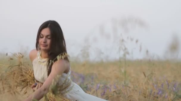 Girl brunette in white dress on field of wheat — Stock Video