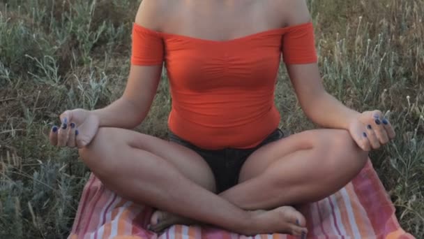 海辺で瞑想のブルネットの少女 — ストック動画