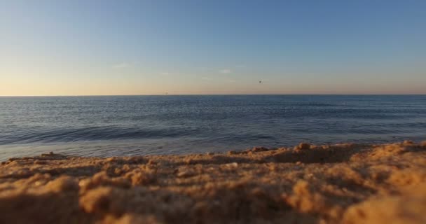 Surf de mer au lever du soleil sur une plage sauvage avec une pente sablonneuse en été — Video