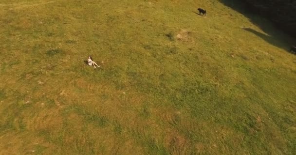 Chica rural y una vaca en un prado de montaña — Vídeo de stock