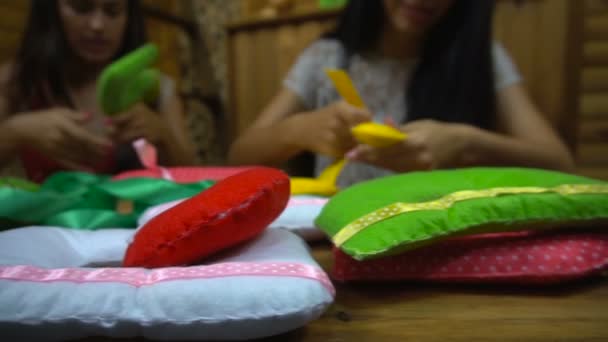 Handmade girls sewing letters of felt — Stock Video