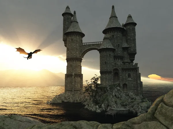 3d illustration fantasy landscape with a fairytale castle and a flying dragon